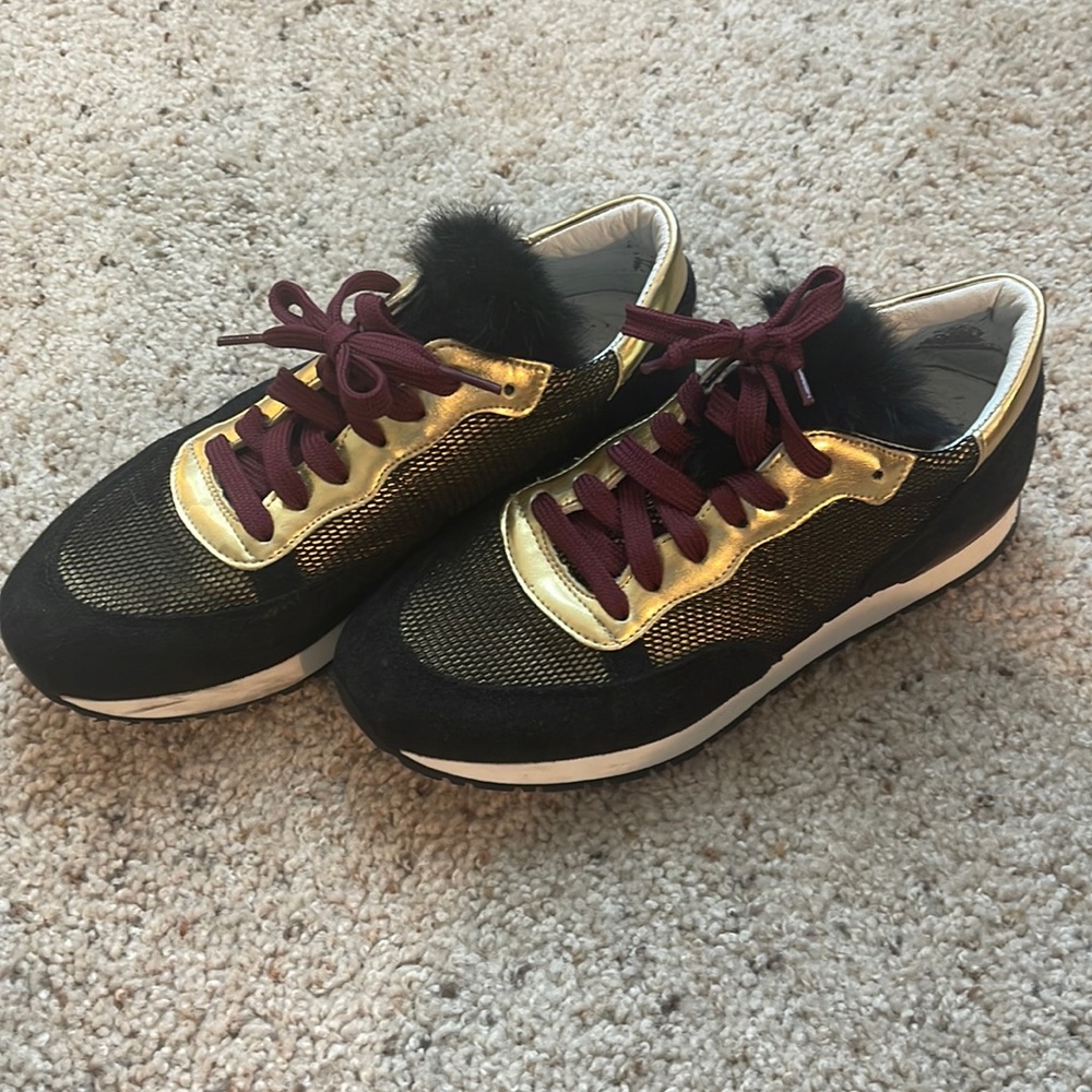 POLLINI Mesh-paneled Metallic and Fur Suede Sneakers